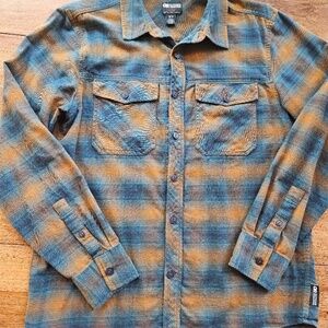 Outdoor Research Med. Sandpoint Flannel Shirt Button rust teal Cotton Plaid Mens